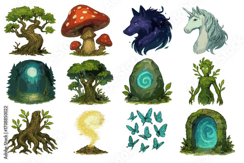 Fantasy creatures and nature flat icon set. featuring tree, mushroom, wolf, unicorn, portal, and magic symbols