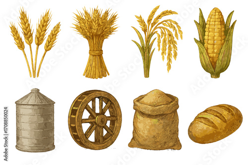 Agriculture harvest flat icon set. featuring wheat, sheaf, rice, corn, silo, mill, sack, and bread designs