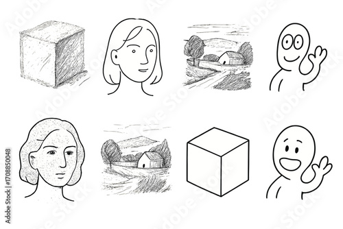 Artistic linear icon set. featuring faces, sketches, landscapes, cubes, and hand gestures
