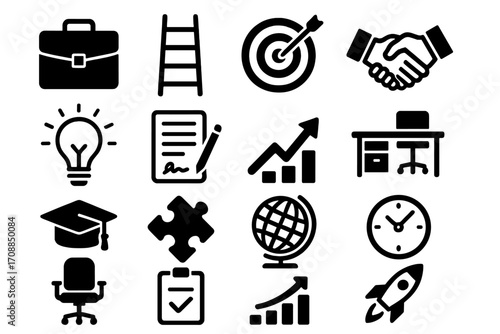Business and education silhouette icon set. featuring briefcase, ladder, target, handshake, and more