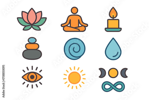 Meditation and wellness flat icon set. featuring lotus, yoga, candle, stones, spiral, water drop, eye, sun, moon, infinity symbols