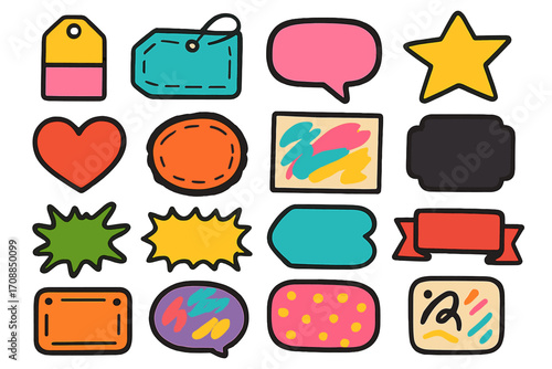 Speech and emotions flat icon set. featuring tag, speech bubble, star, heart, badge, splash, banner