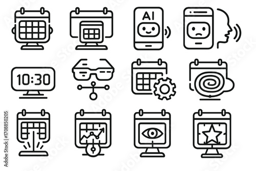 Technology linear icon set. featuring calendar, ai, face id, clock, vr headset, settings, analytics, security symbols
