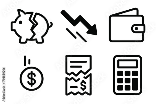 Financial distress flat icon set. featuring piggy bank, down arrow, wallet, coin, receipt, calculator symbols