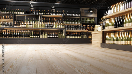 Wine and Champagne Bottles on Shelves with Wooden Floor Copy Space