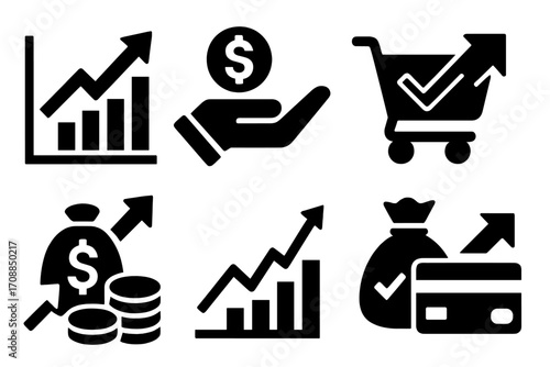 Business and finance silhouette icon set. featuring growth chart, currency, shopping cart, investments, credit