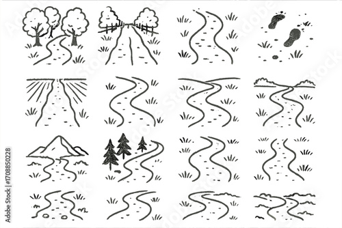 Nature paths silhouette icon set. featuring trees, footprints, mountains, and pathway symbols