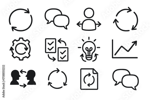 Communication and process silhouette icon set. featuring refresh, chat, user, checklist, idea, and growth symbols