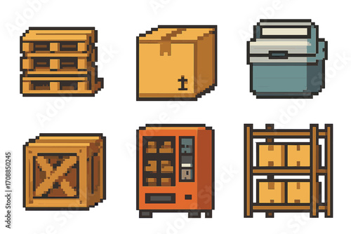 Warehouse items pixel-art icon set. featuring pallet, box, cooler, crate, vending machine, shelves