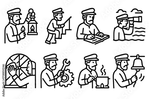 Nautical occupations linear icon set. featuring lantern, map, lookout, window, gear, cooking, and bell symbols