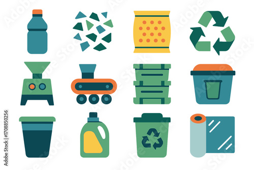 Recycling process flat icon set. featuring recycling, bottle, bin, conveyor, and waste symbols