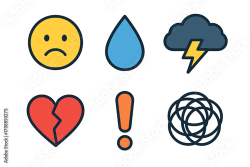 Emotion & weather silhouette icon set. featuring sad face, raindrop, cloud, lightning, broken heart, exclamation, spiral