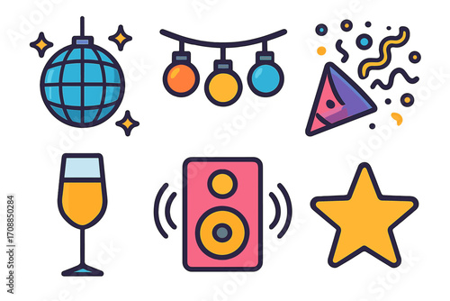 Party celebration flat icon set. featuring disco ball, lights, confetti, drink, speaker, and star symbols