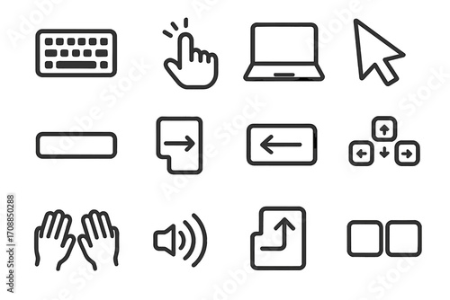 Computer navigation silhouette icon set. featuring keyboard, mouse, laptop, arrow, and sound symbols