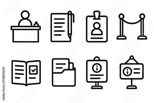Business office silhouette icon set. featuring desk, document, id card, barrier, checklist, folder, info sign