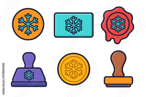 Winter stamp linear icons set. featuring snowflake, wax seal, stamp, frosty badge, and winter emblem
