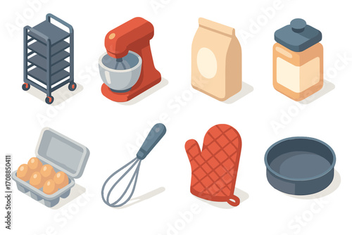 Kitchen tools flat icon set. featuring cart, mixer, flour, jar, eggs, whisk, mitt, and pan symbols