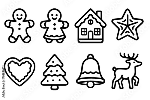 Christmas holiday linear icon set. featuring gingerbread man, woman, house, star, heart, tree, bell, deer