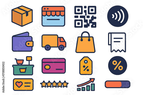 Retail and shopping flat icon set. featuring box, store, qr code, wallet, truck, bag, receipt, and discount symbols