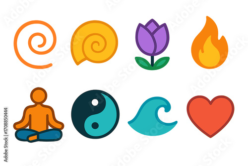 Meditation and wellness flat icon set. featuring spiral, lotus, fire, meditation, yin-yang, wave, heart symbols