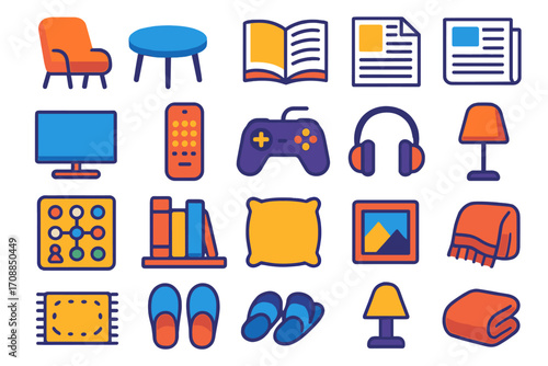 Home and leisure flat icon set. featuring chair, table, book, documents, monitor, remote, gamepad, headphones, lamp, and more