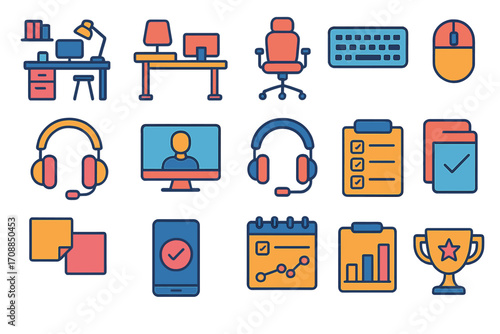 Office and work linear icon set. featuring desk, chair, keyboard, mouse, headset, and clipboard symbols