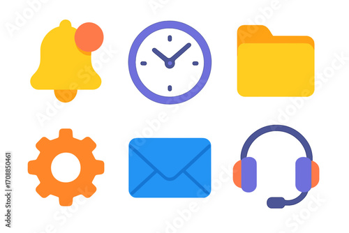 Office communication neon icon set. featuring bell, clock, folder, gear, mail, headset
