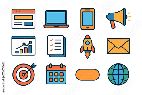 Business and marketing linear icon set. featuring website, laptop, smartphone, megaphone, chart, checklist, rocket, email, target, calendar, button, globe symbols