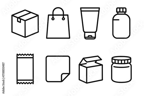 Packaging silhouette icon set. featuring box, bag, tube, bottle, wrapper, paper, carton, jar symbols