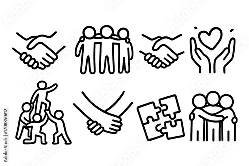 Teamwork and unity linear icon set. featuring handshake, group, support, hands, heart, teamwork, puzzle, unity symbols