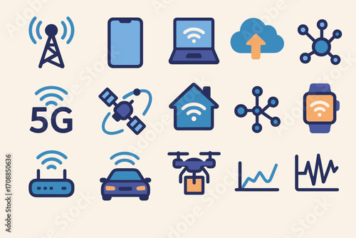Networking and technology flat icon set. featuring wireless, smartphone, laptop, cloud, and smartwatch symbols