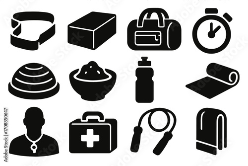 Fitness equipment silhouette icon set. featuring water bottle, medicine ball, towel, duffel bag, and stopwatch symbols