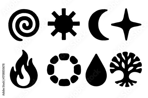 Nature and energy silhouette icon set. featuring sun, moon, star, fire, water, tree, spiral symbols