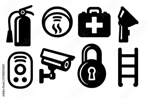 Safety equipment silhouette icon set. featuring fire extinguisher, smoke detector, first aid kit, megaphone, intercom, cctv camera, padlock, ladder symbols