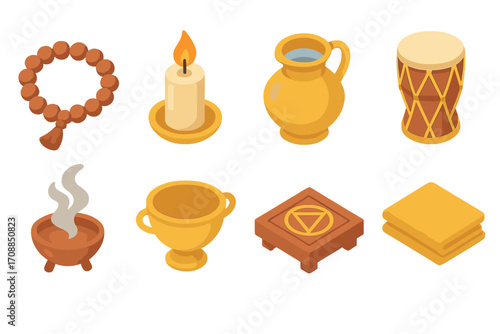 Ancient ritual flat icon set. featuring beads, candle, jug, drum, incense, chalice, altar, and book symbols