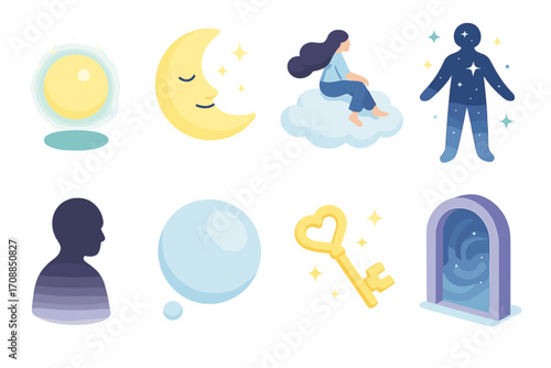 Dream universe flat icons set. featuring moon, cloud, aura, portal, key, bubble, silhouette, sphere