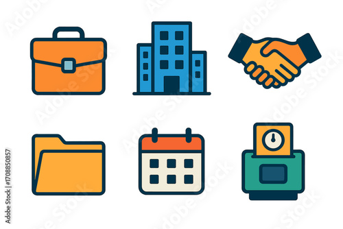 Business essentials flat icon set. featuring briefcase, office building, handshake, folder, calendar, time clock