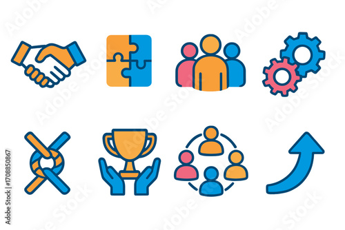 Business strategy flat icon set. featuring handshake, puzzle, team, settings, solution, trophy, network, growth