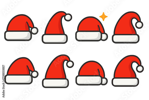 Christmas hats flat icons set. featuring santa, style variations, festive designs, red and white caps
