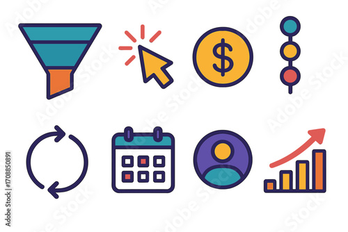 Marketing silhouette icon set. featuring funnel, pointer, currency, timeline, cycle, calendar, profile, growth