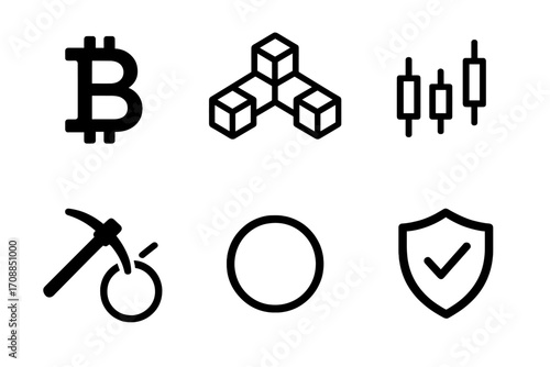 Cryptocurrency linear icon set. featuring bitcoin, blockchain, candlestick chart, mining, coin, and security symbols