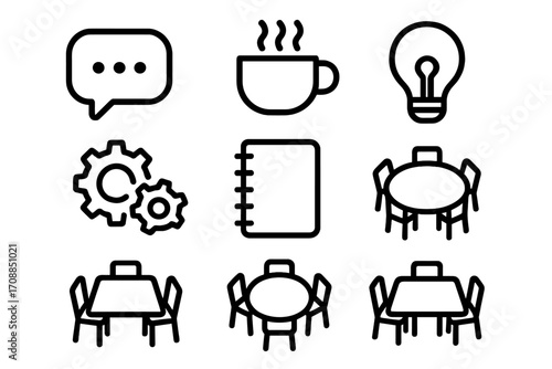 Business essentials linear icon set. featuring chat, coffee, idea, settings, notebook, and meeting symbols