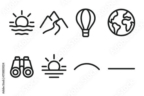 Nature and travel linear icons set. featuring sun, mountains, hot air balloon, globe, binoculars, horizon, arc, line symbols