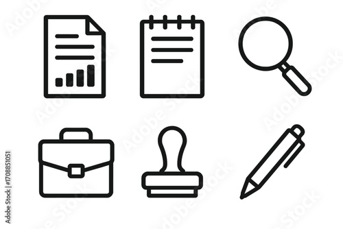 Office tools silhouette icon set. featuring document, notepad, magnifying glass, briefcase, stamp, pen symbols