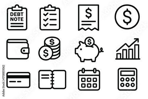 Finance and business linear icon set. featuring debt, checklist, receipt, wallet, savings, and calculator symbols