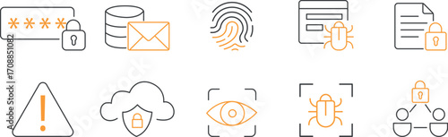 Cyber Security Line Icons Set – Password, Fingerprint, Virus, Data Protection, Cloud Security