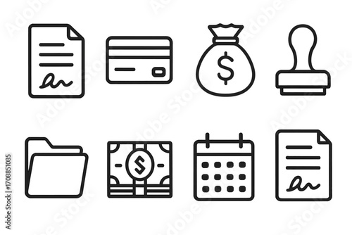 Finance linear icons set. featuring document, card, money bag, stamp, folder, currency, calendar symbols