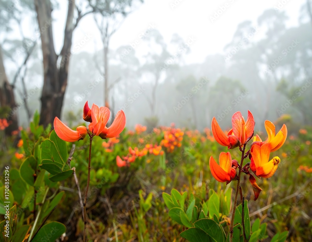 Obraz premium Misty forest floor, vibrant orange flowers