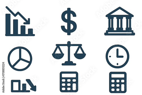Finance and economy linear icon set. featuring chart, dollar, bank, pie chart, scales, clock, and calculator symbols