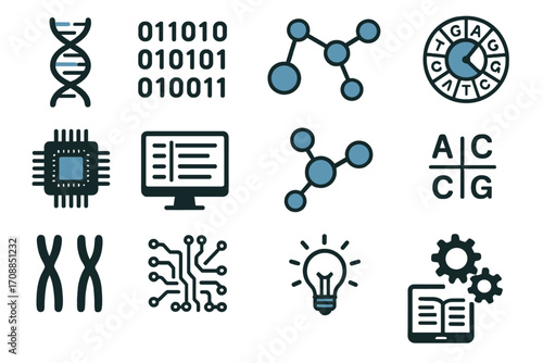 Biotechnology silhouette icon set. featuring dna, binary code, molecules, genome, chip, and innovation symbols